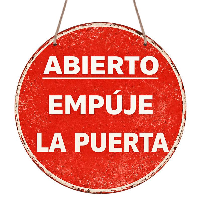 2D Flat, 1pc Round Aluminum Hanging Sign, Vintage Distressed Red Background White Spanish Text Abierto Empuje La Puerta Print, Shop Cafe Bar