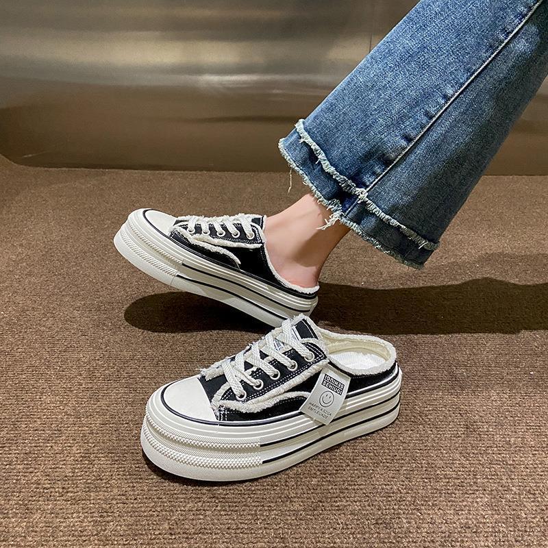 Zapatillas Baotou para mujer verano para exterior 2024 nuevas zapatillas de lona blancas sin talón medio zueco perezoso sandalias de verano de suela gruesa