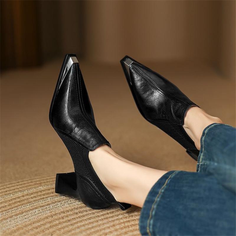 Fashion New Spring Genuine Leather Shoes for Women Fashion Metal Pointed Toe Women Pumps Shoes Chunky Heels Loafers High Heels