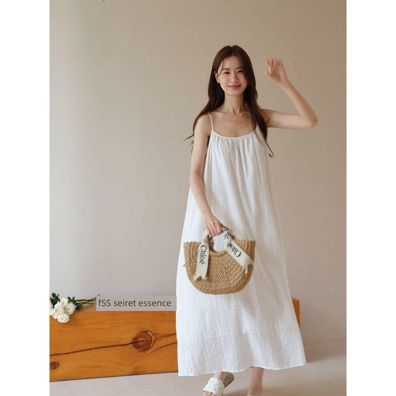 

French style Cotton Double-Layer Nightdress Women Summer Thin Jacquard Cotton Sling Long dress Pure Desire Vacation Dress Homewear Elegance White All yards
