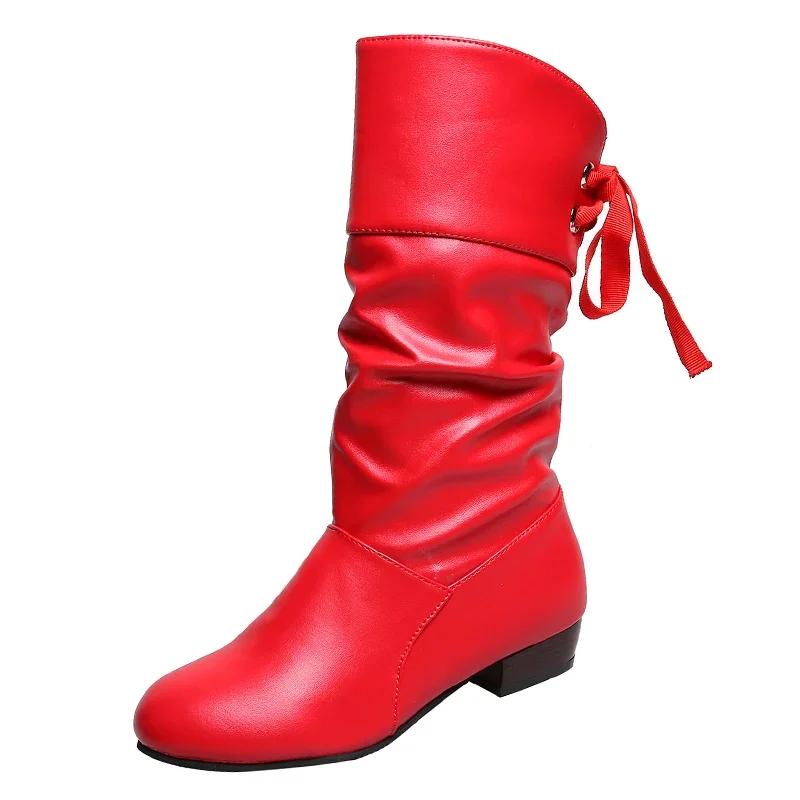 Fashion Plus Size 35-43 Women Middle calf Boots Back Lace Up Low Heels Winter Shoes Black White Female Snow Boot Red