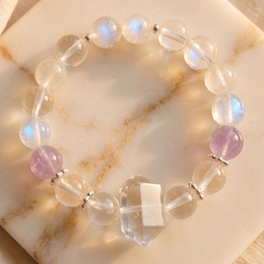 Natural Blue Sheen Moonstone & Lavender Amethyst Bracelet, Double Pointed Clear Quartz Crystal, Mindful Clean Girl Aesthetic Jewelry