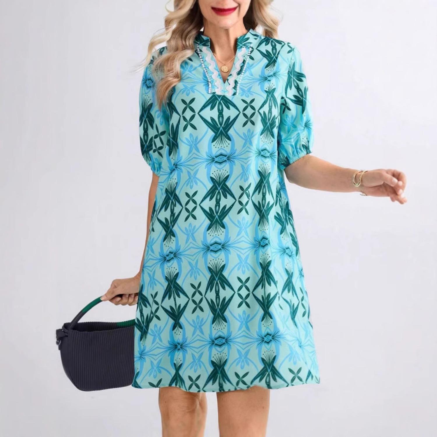 

2025 Новый тренд утягивающего платья с талией, свободное удобное платье, женская мода, элегантное платье, весна-лето, принт XXL небесно-голубой