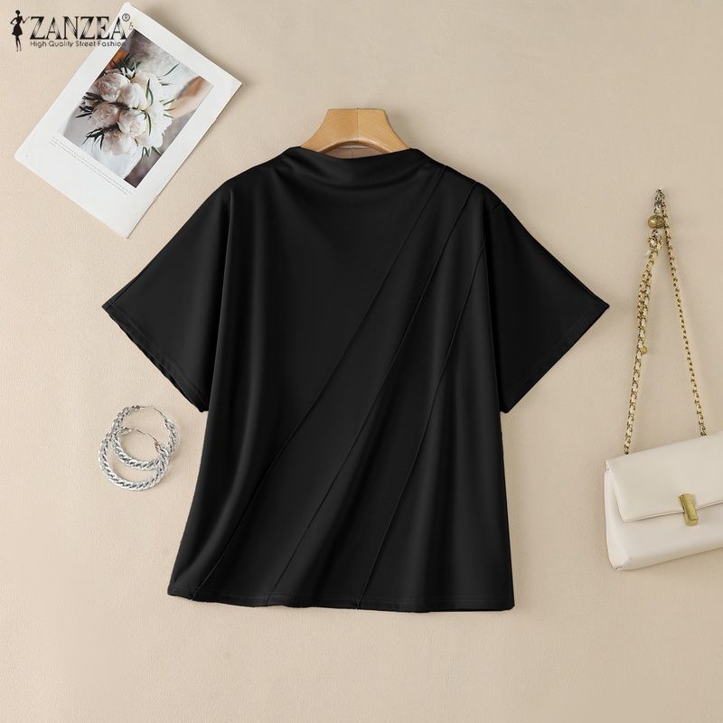 ZANZEA Womens Casual Half-turtleneck Solid Color Loose Short Sleeve Blouse