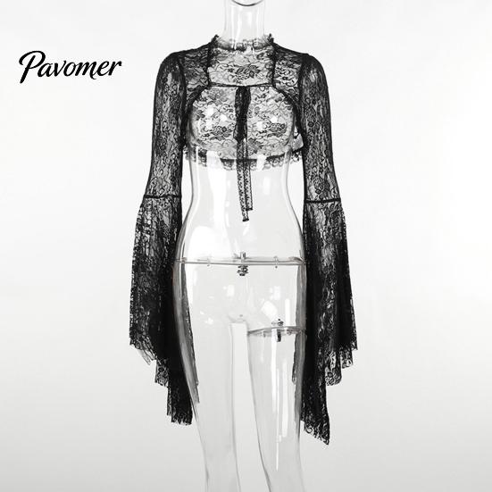 Soft Lace Bell Sleeve Cardigan Vintage Gothic Black T-shirt Elegant Flared Smock Top See Through Sexy Cropped Tops Streetwear Solid Color