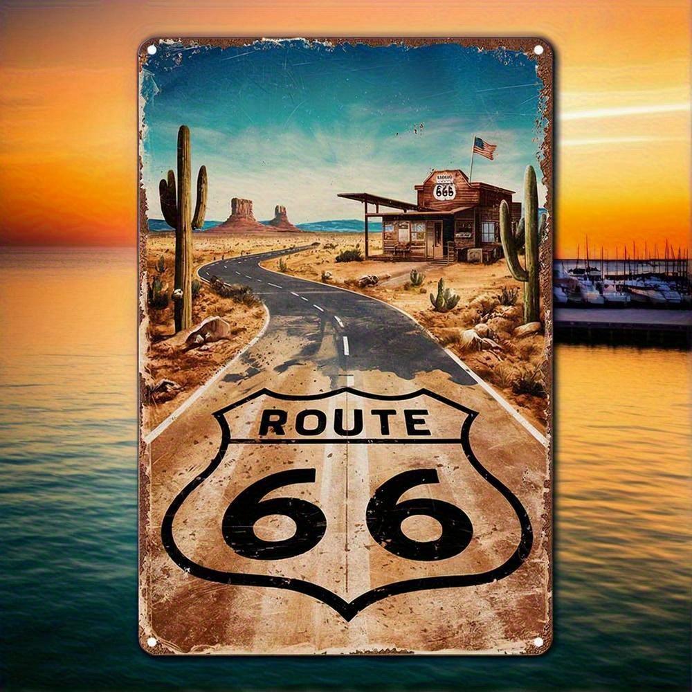 Vintage Route 66 Metal Sign - Rustic Iron Wall Art with Desert & Cactus Design, Perfect for Cafes, Kitchens, Bars, and Home Deco