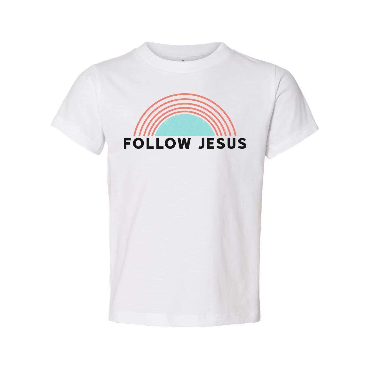 Christian Unisex T Shirt With Follow Jesus Graphic Featuring A Retro Rainbow Arc L