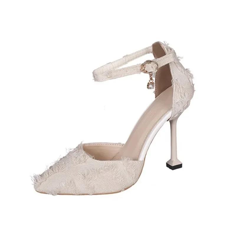

Elegant Silver High Heels Pumps Women 2026 Autumn Plus Ankle Straps Party Shoes Woman Pointed Toe Bowtie Wedding Shoes 34 бежевый