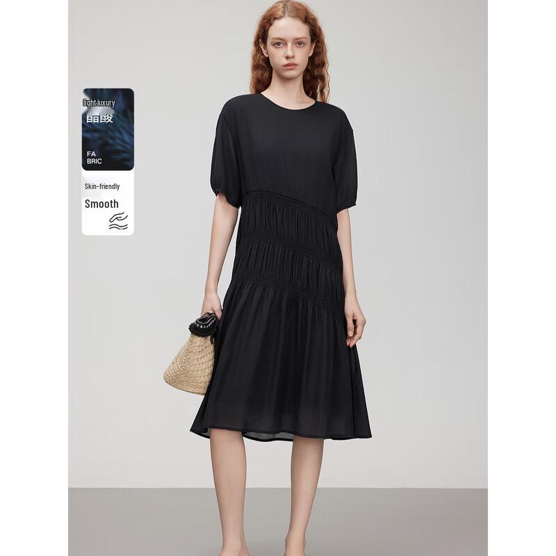 ELLE Acetate Lyocell Blend Irregular Round Neck Long Dress L