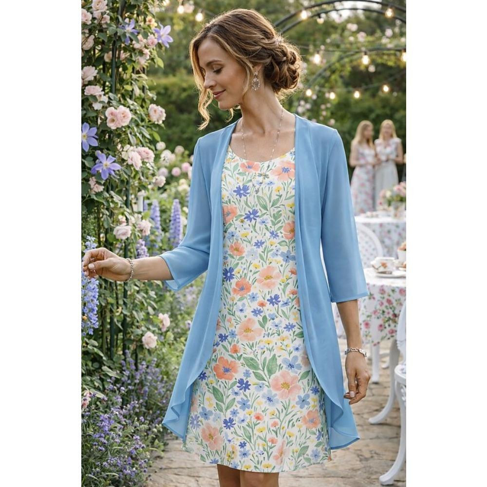 Women's O Neck Floral Print Midi Dress Two Piece Three Quarter Sleeve Chiffon Cardigan Loose Fit Casual Summer Outfit Set