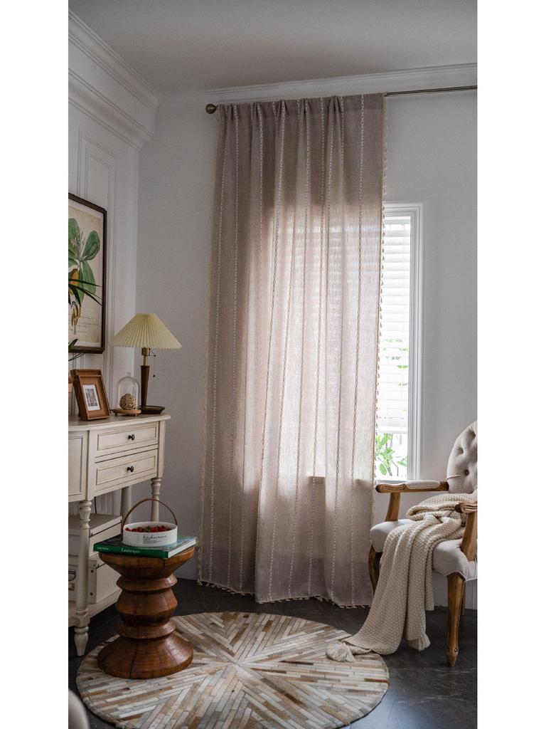 Imanqi Yun Striped Embroidery Semi-Blackout Curtains for Kitchen or Living Room, Country Style Bay Window Decor