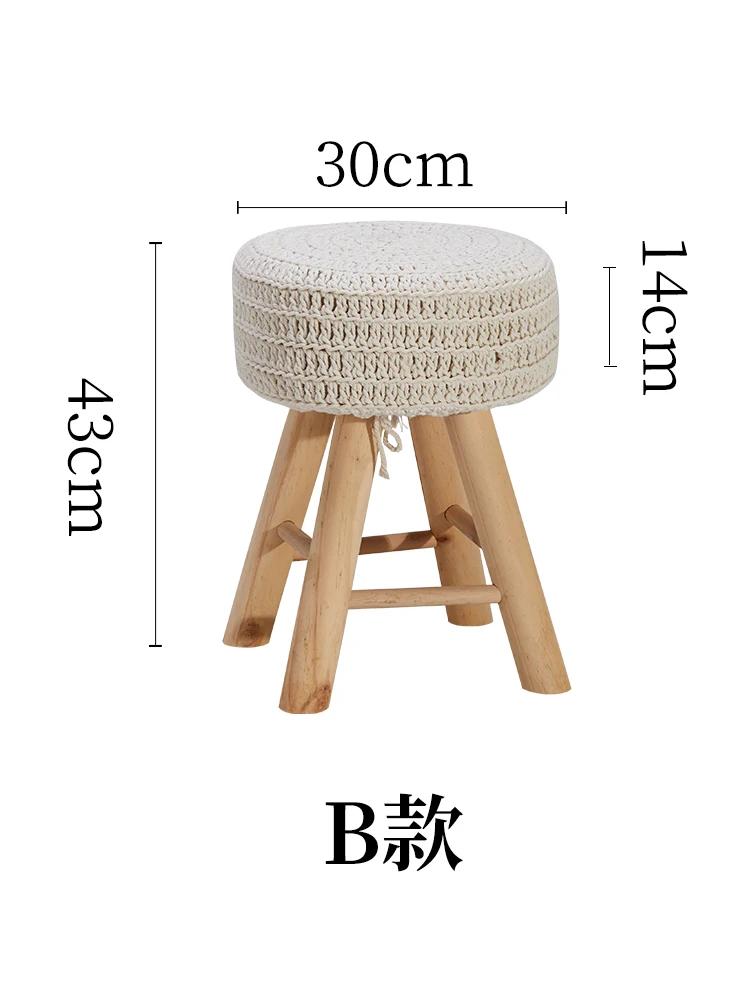 Solid Wood Nordic Makeup Stool Vintage Dressing Stool Woven Fringe Round Seat Upholstered Stool for Guesthouses