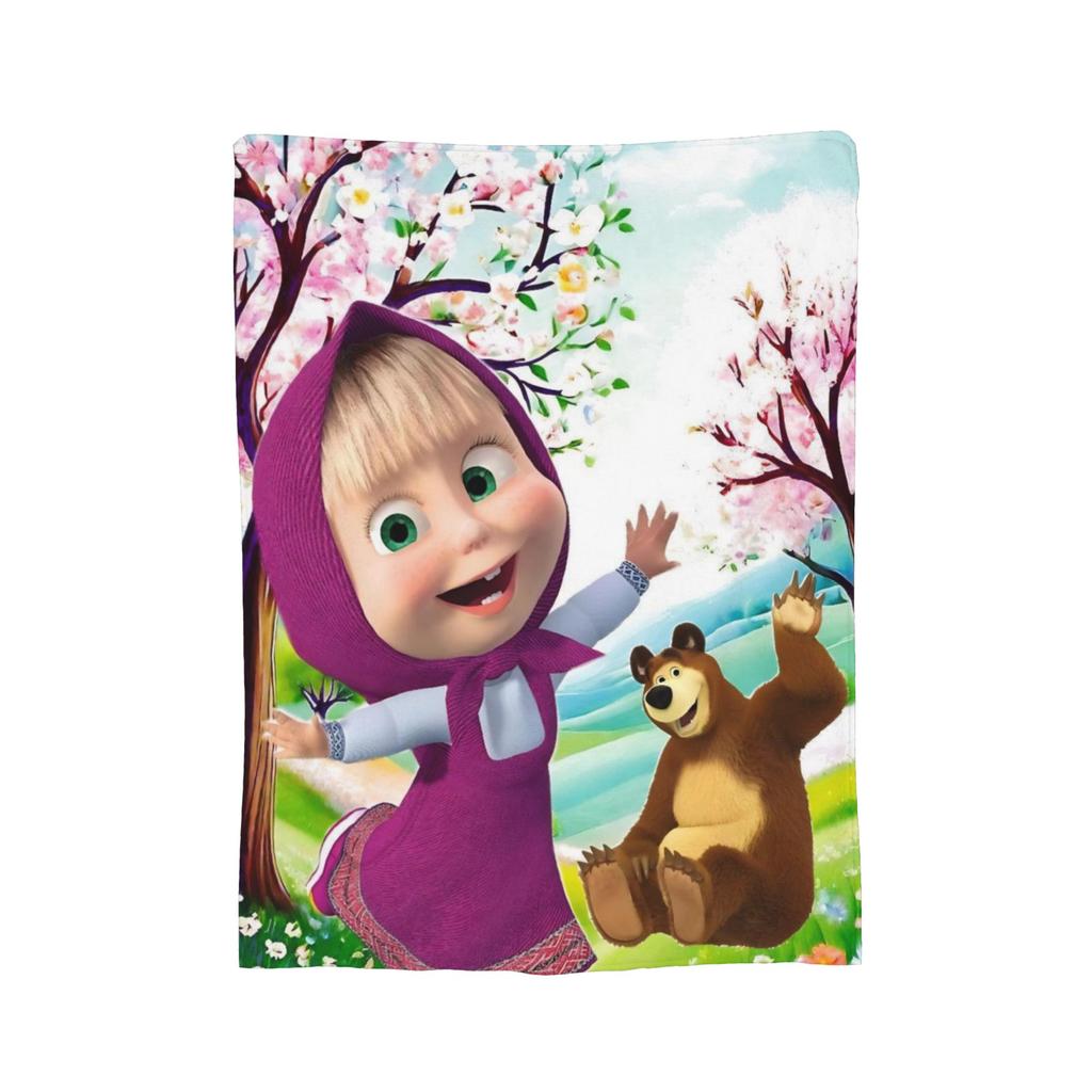 Cute Cartoon M Masha and Bear Blanket Coral Fleece Plush Summer Multi function Soft Throw Blanket for Sofa Travel Bedspread