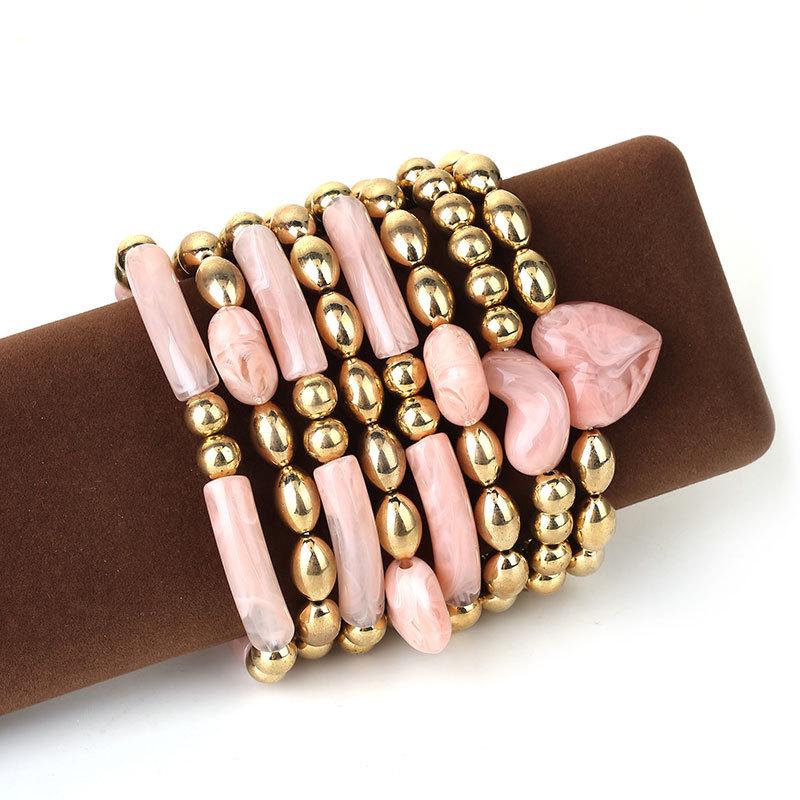 

Pink & Gold Color-Block Multi-Strand Bracelet Set with Heart Textured Bead Decor - Niche Light Luxury Fashion Jewelry.
