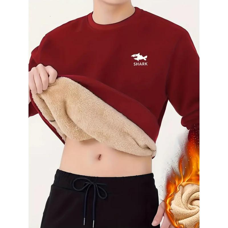 

Men s Wine Red Sherpa Lined Crew Neck Sweatshirt Shark Print Thermal Pullover S червоний