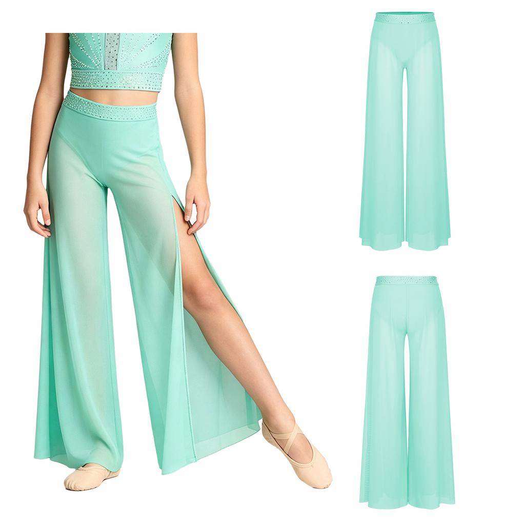 Kids Dance Competition Wear Rhinestone Waist Side Split Wide Leg Mesh Pants with Built-in Briefs for Lyrical Skating Show