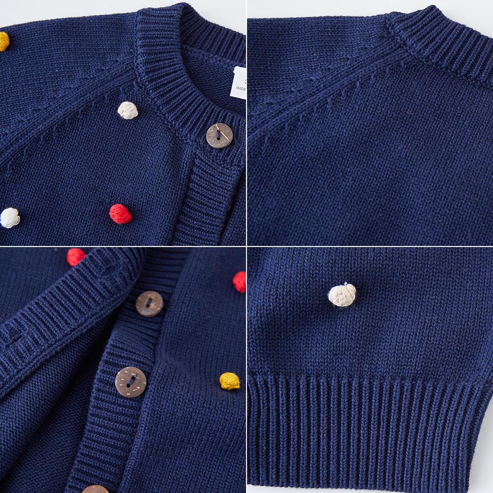 Hand-Crocheted Spring & Autumn Colorful Pom-Pom Girl's Cotton Cardigan