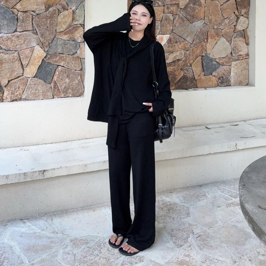 Temperament elegant knitted sweater set women's spring and autumn new loose lazy style casual top pants shawl three-piece set
