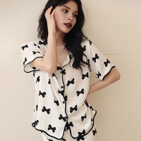 2 stk/sett Satengpyjamas Sløyfetrykk V-hals Knappelukking Plussstørrelse Langermet Skjorte Elastisk Midje Vide Ben Bukser