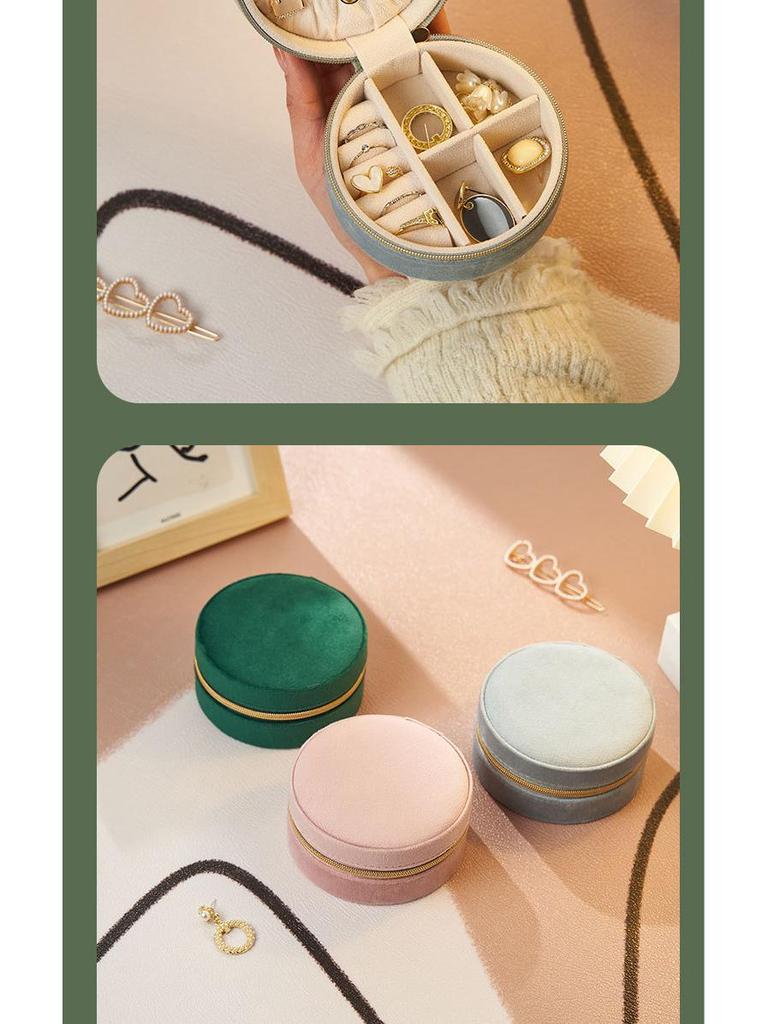Velvet Round Portable Jewelry Storage Box for Earrings, Necklaces, Rings, and Ornaments