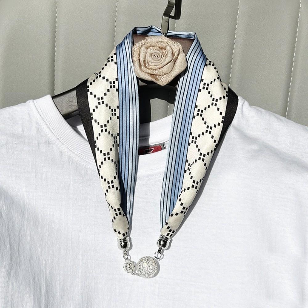 Pearl Diamond Silk Scarf Korean Retro Women's Scarf Chain Magnetic Buckle Scarf  Effortless Styling