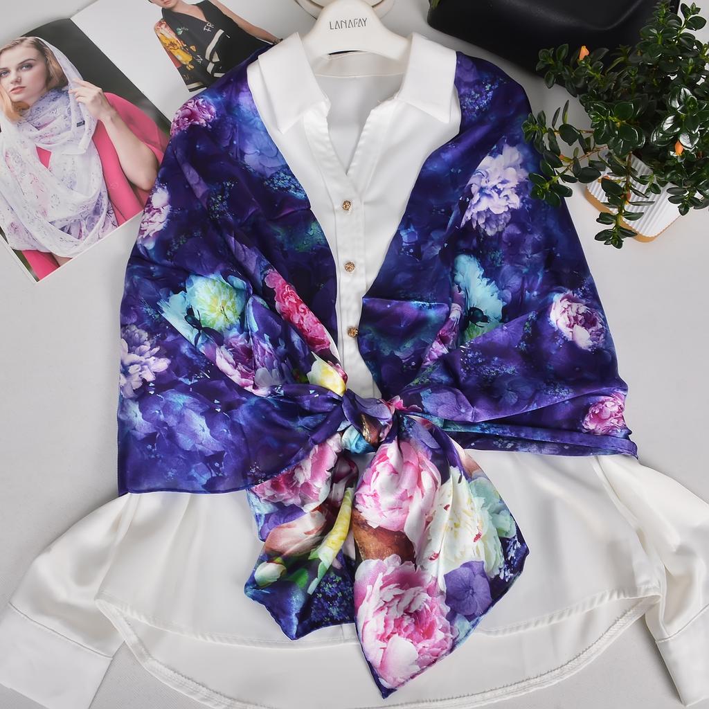 Blue Purple Silk Scarf Foulard Women Brand China Peony Long Scarves Printed Fall Winter100% Silk Ladies Scarf 170*53cm