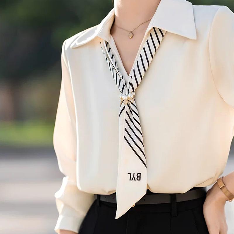 French Ribbon Satin Long Sleeve Women's Shirt - 2026 Spring Professional Style