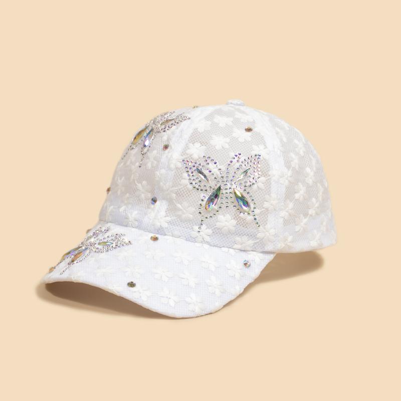 Fashion Women Spring Summer Baseball caps breathable Rhinestone Butterfly hats Lace hollow Caps белый