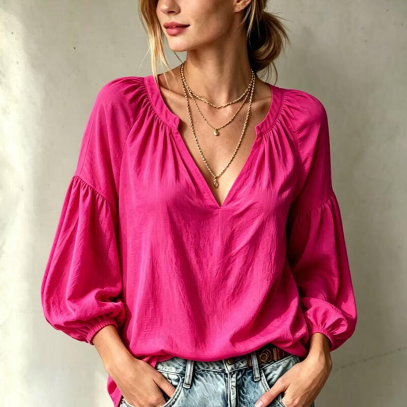 Women's V-Neck Pleated Loose Fit High-End Design Lazy Casual Shirts
