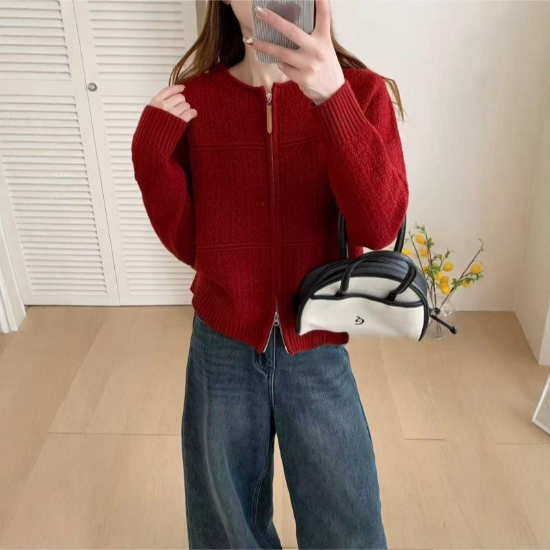 1011 autumn and winter new design zipper knitted cardigan women's loose lazy wind small sweater jacket
