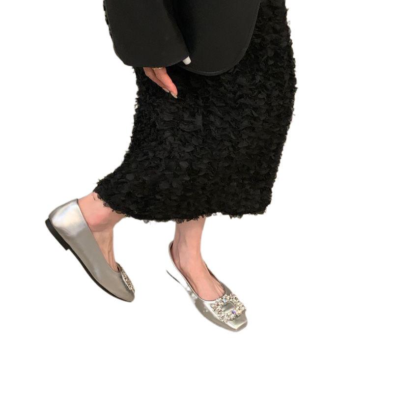 Flat Bottom Silver High-end Square Head Rhinestone Single Shoes Women's Shoes 2025 New Summer Black Commuter Beanie Shoes