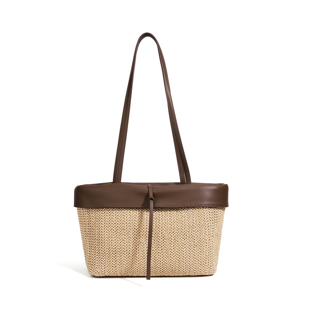 Large capacity straw woven color matching handbag bag women's casual color contrasting woven tote bag beach bag