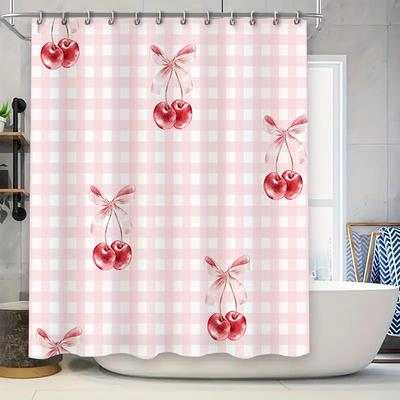 Rustic Pink Checkered Shower Curtain with Watercolor Cherries Bathroom Decor for Home Improvement Projects