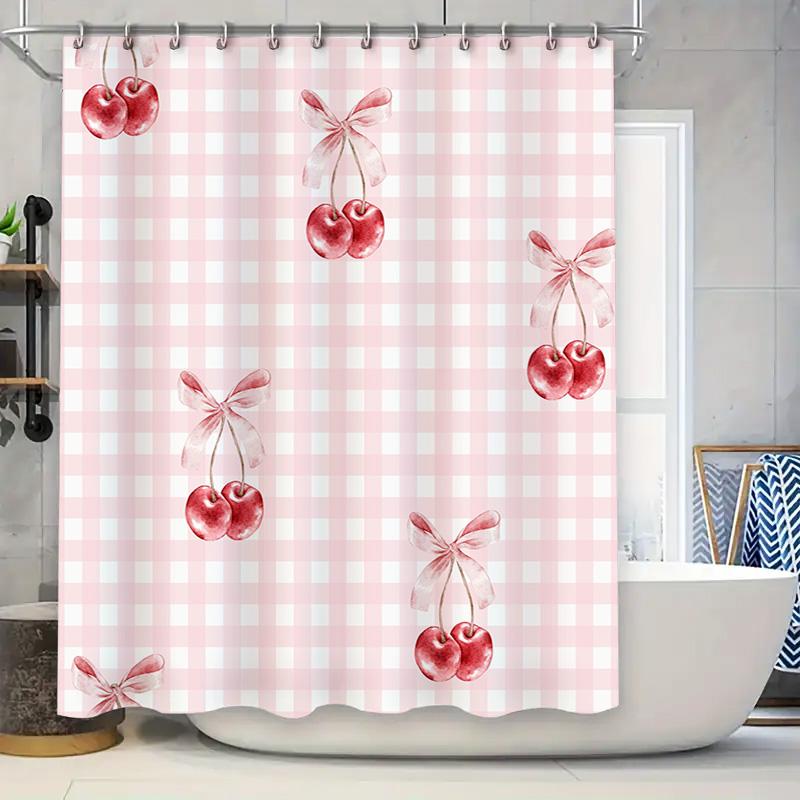 

Rustic Pink Checkered Shower Curtain with Watercolor Cherries Bathroom Decor for Home Improvement Projects 90x180cm