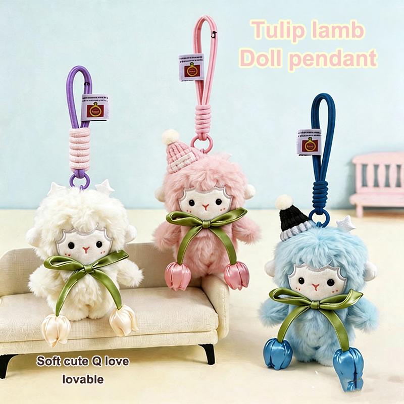 Cute Tulip Lamb Plush Keychain Fluffy Soft Stuffed Pendant Detachable Wrist Lanyard for Girls Birthday Gift