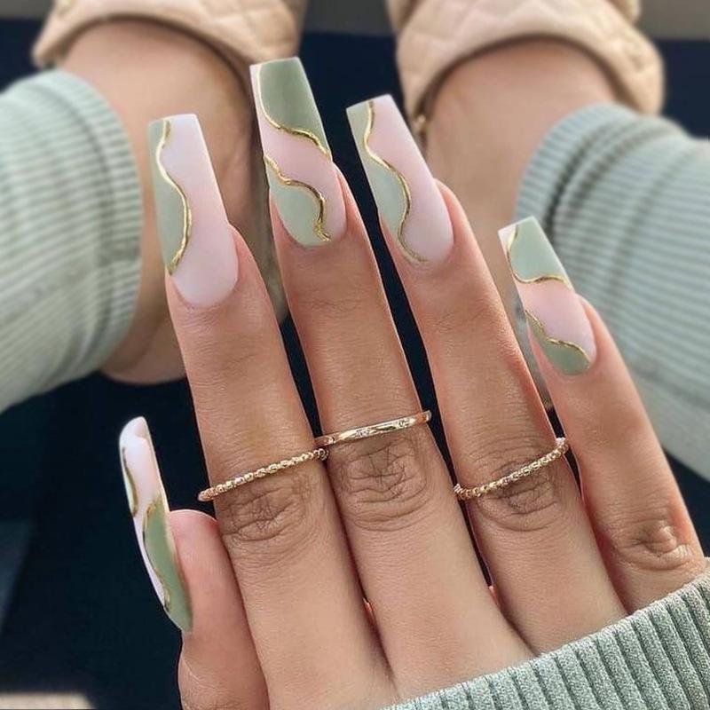False nail French manicure False nail color matching gray-green wearing nail removable, direct supply of manicure