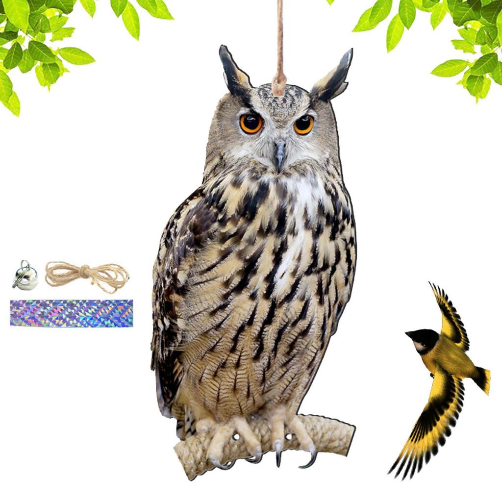 Bird Scarer Devices Decorative 2D Owl Scarecrow Pendant Realistic Bird Scare Tools With Bell Garden Scarecrow Scare Birds Away