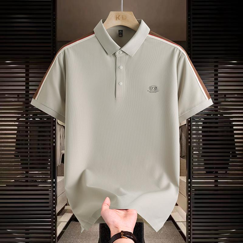 Polo de Seda de Hielo Retro Manga Corta Camiseta Polo para Hombre Verano Versátil Top Camiseta Bloque de Color Cuello Camiseta