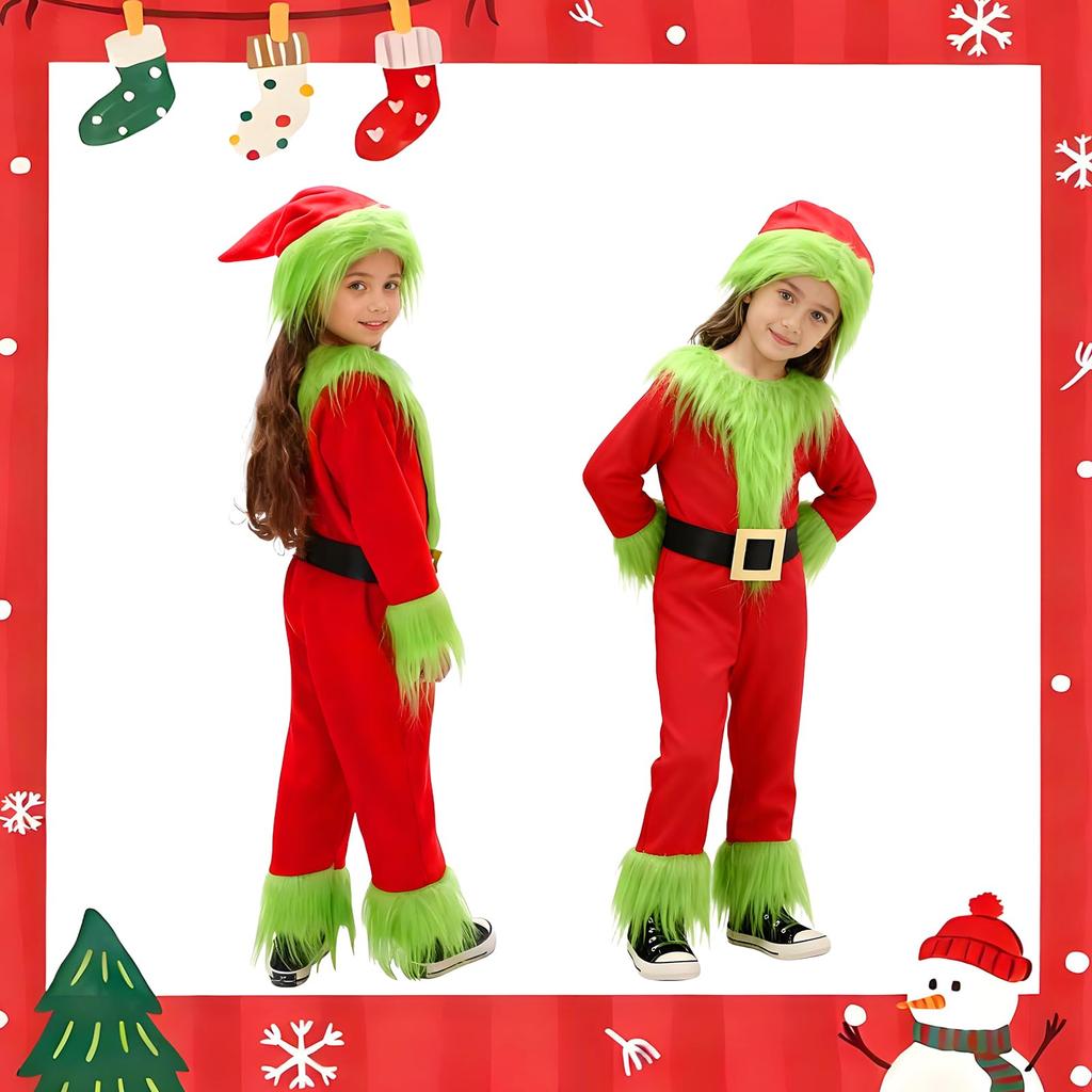 Yi-gog Kids' Christmas Santa Costume, Green Monster Plush Jumpsuit, Santa Cosplay, 4-Piece Set with Dress, Santa Hat, and Belt, Perfect for Family