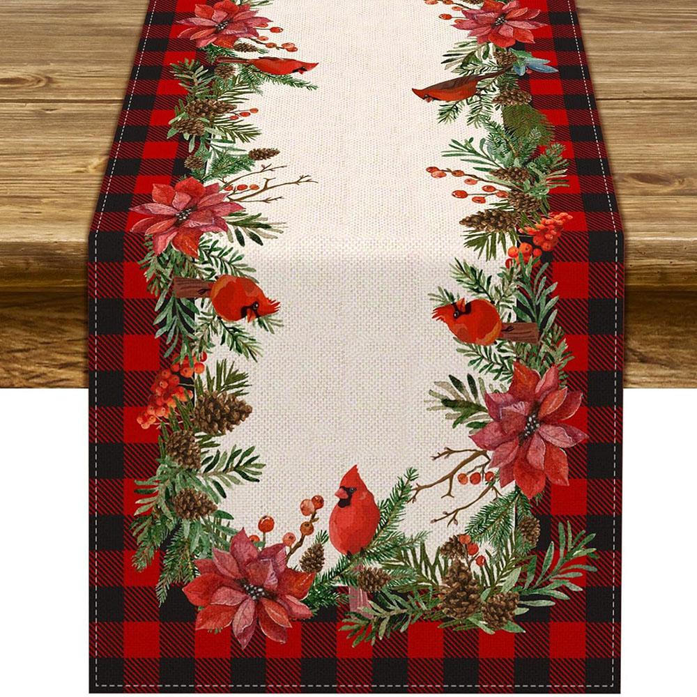 

Christmas Cardinal Table Runner Buffalo Plaid Check Poinsettia Holly Xmas Win
