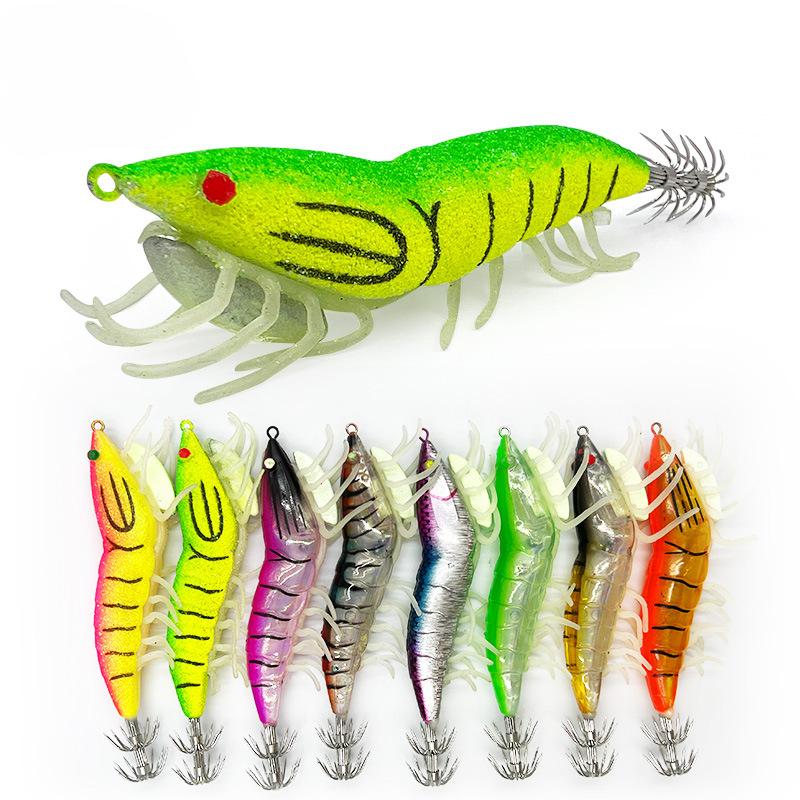 8Pcs/set Luminous Wood Shrimp Squid Hook, Cork Foot Wood Shrimp Luya Bait Bait with Ringing Beads, Fake Bait Wood Shrimp