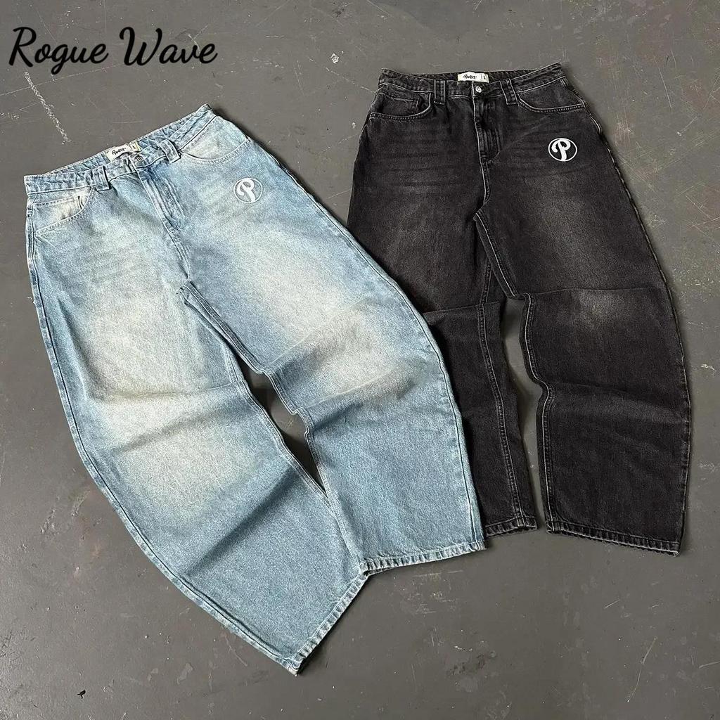Blugi Streetwear RogueWave Y2K Pantaloni Bărbați Harajuku Hip Hop Broderie Litere Albastru Vintage Blugi Largi Talie Înaltă Pantaloni Picior Larg