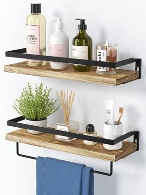 HASONA Wall Set of Prevents Small Items from Natural 40cm for Easy with Towel Light Brown Shelf, Wall-Mounted Shelf, Rack, 2, Falling, Stylish, Wood,