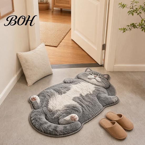Tile And Wood Floor Mat Cute Cat Bathroom Rug, Anti-Slip Absorbent Bath Washable Plush Easy Care Kitty Door for Entrance Kitchen Home Decor Safety Rug