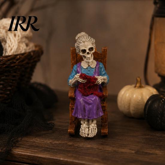 Collectible Skeleton Shelf Sitter Halloween Figurine, Resin Sitting On Rocking Chair Statue, Drinking Funny Dark Holiday Figurines Coffee Crocheting