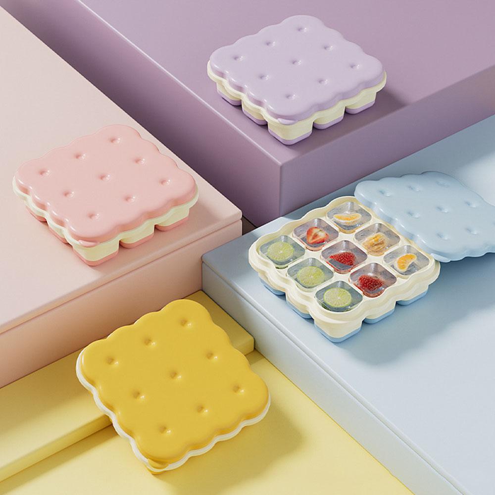 Cartoon Biscuit Style 9-grid Ice Cube Mold, Food-grade Silicone Ice Tray with Lid for Baby Food and Ice Making