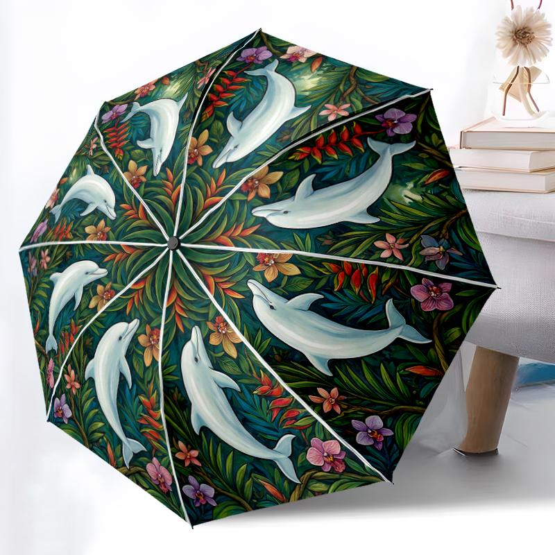 1pc Sturdy 8-Bone Auto Umbrella, Animals Dolphin Penguin Sheep Seahorse Umbrella, Digital Printed, Foldable Umbrella for On-the-Go Outdoor Use