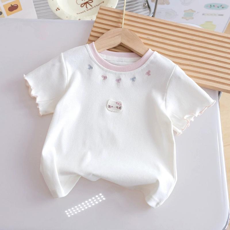 Girls Summer Cotton Short Sleeve T Shirt Cute Bow Cartoon Top Baby Korean Versatile Kids Clothing