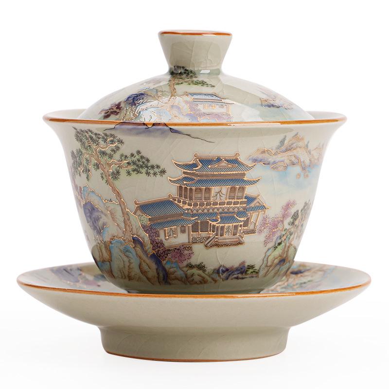 Ru Kiln Crackle Glaze Gilded Gongfu Gaiwan & Teacup Set with Landscape Design - Gift Collection