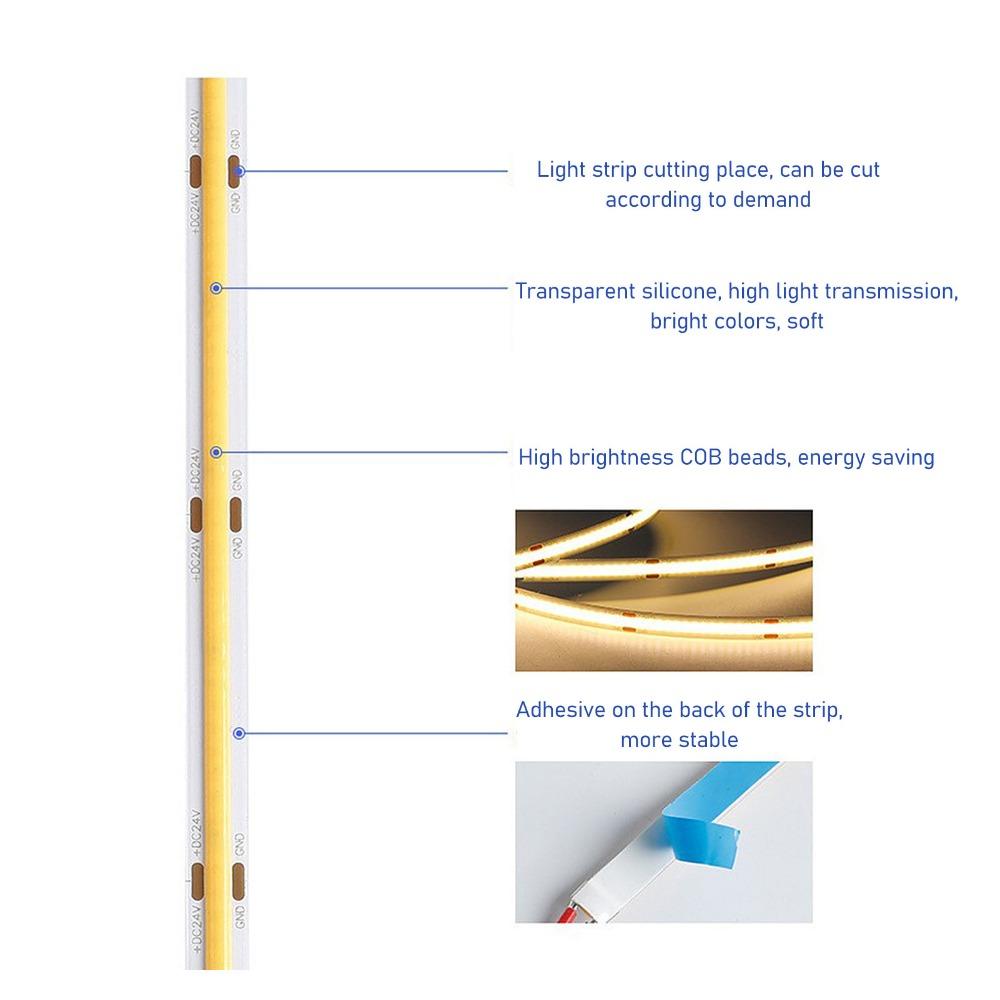 Self Adhesive LED Strip Lamp 90 CRI COB LED Tape Lamp Uniform Glow COB LED Strip Light  Living Room